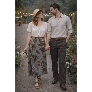 Cottagecore Career Romantic Sweet Liz Claiborne Gray Floral‎ 10 Flowy Midi Skirt